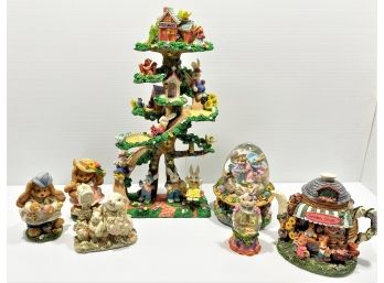 'Bunny Tree Slide' Decorative Piece With Snow Globes, Garden Shop & More