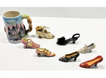 Collection Of Seven Small Decorative Dress Shoes With Walt Disney Productions Disneyland Mug