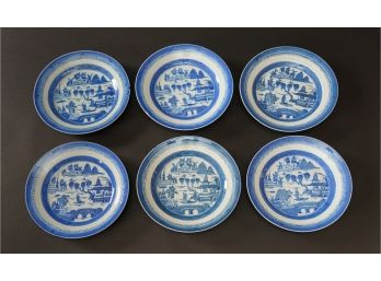 Six Blue And White Asian Plates, 8 Inches