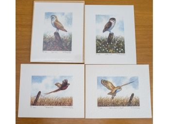 Four David Hinchliffe Prints Of Birds, Signed, Unframed, Barn Owl In Flight, Little Owl, Barn Owl, And Pheasan