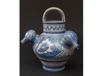 Blue And White Spanish Spouted Jug, Signed 14 Inches High.