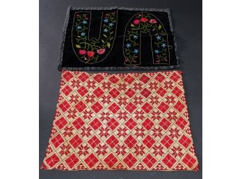 Two Hand Embroidered Greek Pieces. One Red Cover 14 X 19 The Other Unfinished, Black With Floral Design