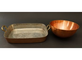 Copper 10 Inch Bowl And 11 X 15 Copper Baking Dish, Tin Lined.