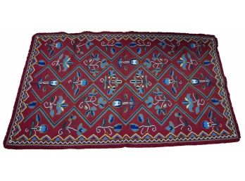 Maroon Needlepoint Rug, With Blue And White Design, 77 X 45