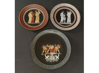 Three Greek Plates, 7 Inches, 7  Inches And 9 Inches, With Wire Hangers.