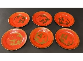 Six Orange And Gold Hand Painted Japanese Plates, 8  Inches.