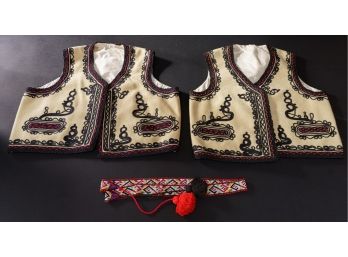 Two Greek Embroidered Vests, Childs Size Small, For Costume Use. With Hand Beaded Belt.