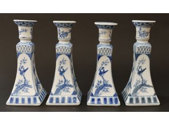 Four Blue And White Candlesticks, 9 Inches High