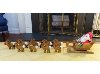 Wooden Santa Sleigh With 8 Reindeer And Rudolph, About 6 Ft In Total Length. Each Reindeer 7 Inches Long.