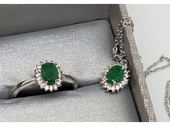 Zambian Emerald, Zircon Ring & Pendant Necklace In Platinum Over Sterling