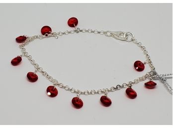 Charm Bracelet In Sterling With Red Swarovski Crystals