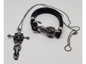 Cross Pendant Necklace In Stainless & Leather Elephant Anchor Bracelet