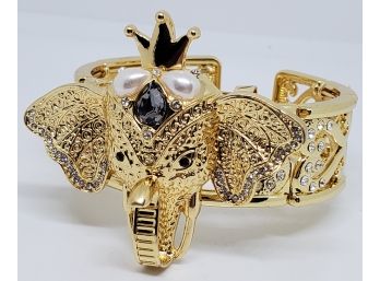 Multi Color Austrian Crystal Enameled Cuff Bracelet With Removable Elephant Head Broach