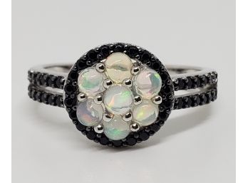 Round Ethiopian Opal, Black Spinel Rhodium Over Sterling Ring