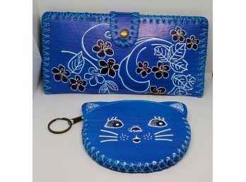 Set Of 2 Faux Leather Floral Wallet And Cat Coin Purse