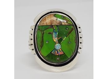 Santa Fe Style Green Turquoise, Multi Gemstone Ring In Sterling