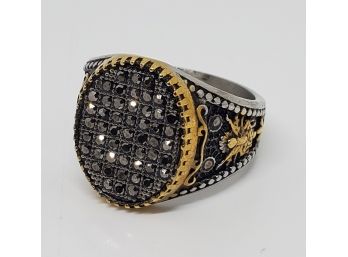 Grey Austrian Crystal Ring In Black Oxidized Plated Yellow Gold & Stainless