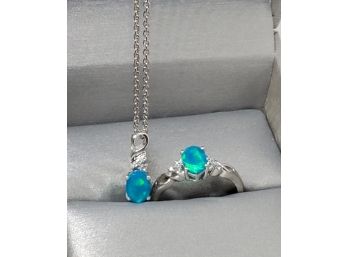 Miami Blue Opal, Zircon Ring & Pendant Necklace In Platinum Over Sterling
