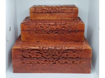 Lot Of 3 Mango Wood Handcrafted Nesting Jewelry Boxes With Butterfly Design