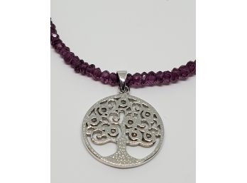 Rhodolite Garnet Faceted Bead Strand In Sterling With Tree Of Life Pendant