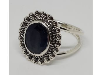Oval Blue Sapphire, Rhodium Over Sterling Ring