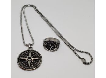 Natural Black Spinel Men's Compass Ring & Pendant Necklace
