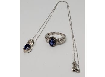 Kyanite, White Zircon Ring & Pendant Necklace In Platinum Over Sterling