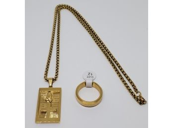 Mens Prayer Ring & Cross Pendant Necklace In Plated Yellow Gold Stainless Steel