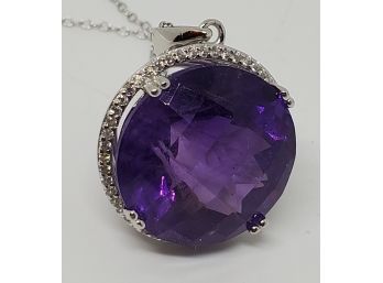Huge Amethyst Pendant With White Zircon Rhodium Over Sterling Chain