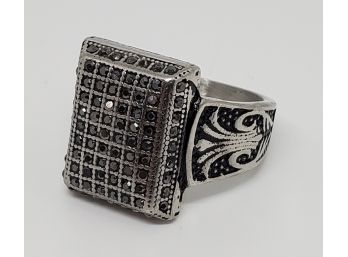 Grey Austrian Crystal Men's Ring In Black Oxidized, Ion Plated Yellow Gold & Stainless