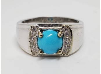 Sleeping Beauty Turquoise, White Zircon Mens Ring In Platinum Over Sterling