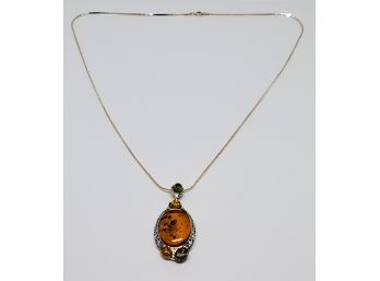 Beautiful Amber Pendant Necklace In Sterling