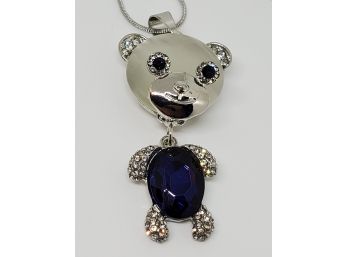 Adorable Cats Eye, Blue Glass Teddy Bear Pendant Necklace