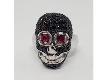 Awesome Ruby, Natural Black Spinel Skull Ring In Sterling