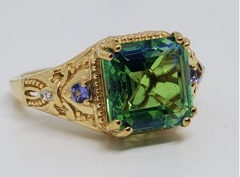 Peacock Quartz, Multi Gemstone Ring In Yellow Gold Over Sterling