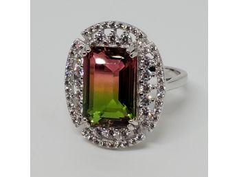 Amazing Simulated Watermelon Tourmaline, Faux Diamond Ring In Sterling