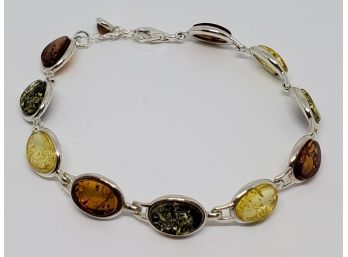 Multi Color Amber Linked Bracelet In Sterling
