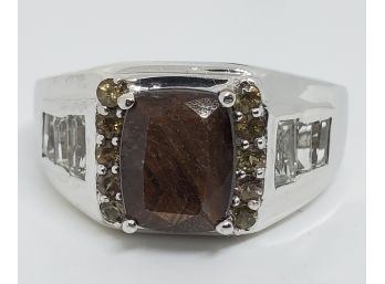 Chocolate Sapphire, Multi Gemstone Men's Ring In Platinum Over Sterling