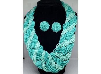 Turquoise Color Seed Bead Silver Tone Earrings & Braided Necklace