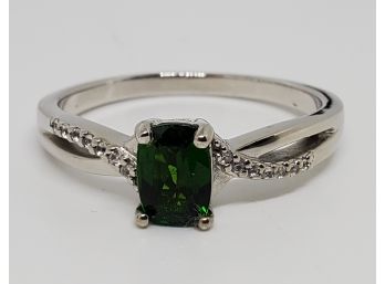 Russian Diopside, White Zircon Ring In Platinum Over Sterling