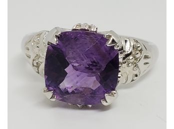 Square Purple Amethyst, Rhodium Over Sterling Ring