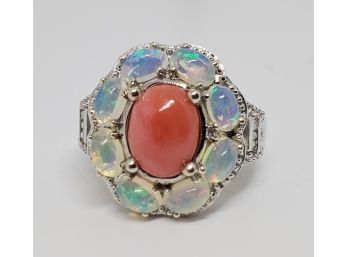 Beautiful Peach & Ethiopian Opal Flower Ring In Platinum Over Sterling