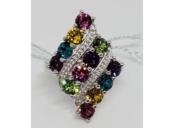 Multi Color Swarovski Crystal Ring In Platinum Bond