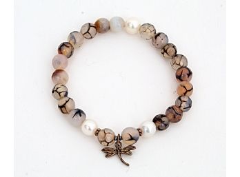 Cute Stone & Synthetic Pearl Dragonfly Bracelet