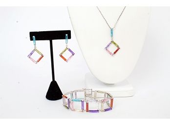 Colorful Faceted Crystal Pendant Necklace, Bracelet & Earrings