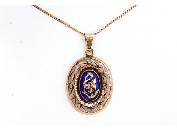 14K Yellow Gold & Blue Enamel Crane Pendant, 3.85dwt