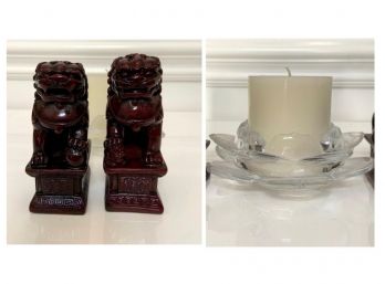 Mini Foo Dogs And Flower Votive With Candle