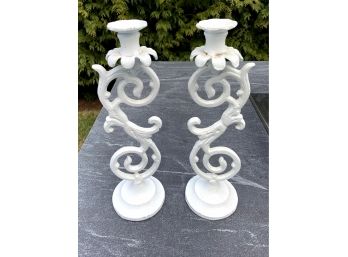 Pair Of White Painted Metal Candlesticks