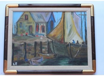 Signed Oil Harbor Painting