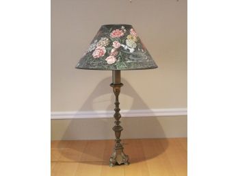 Brass Lamp With Lovely Painted Fabric Shade